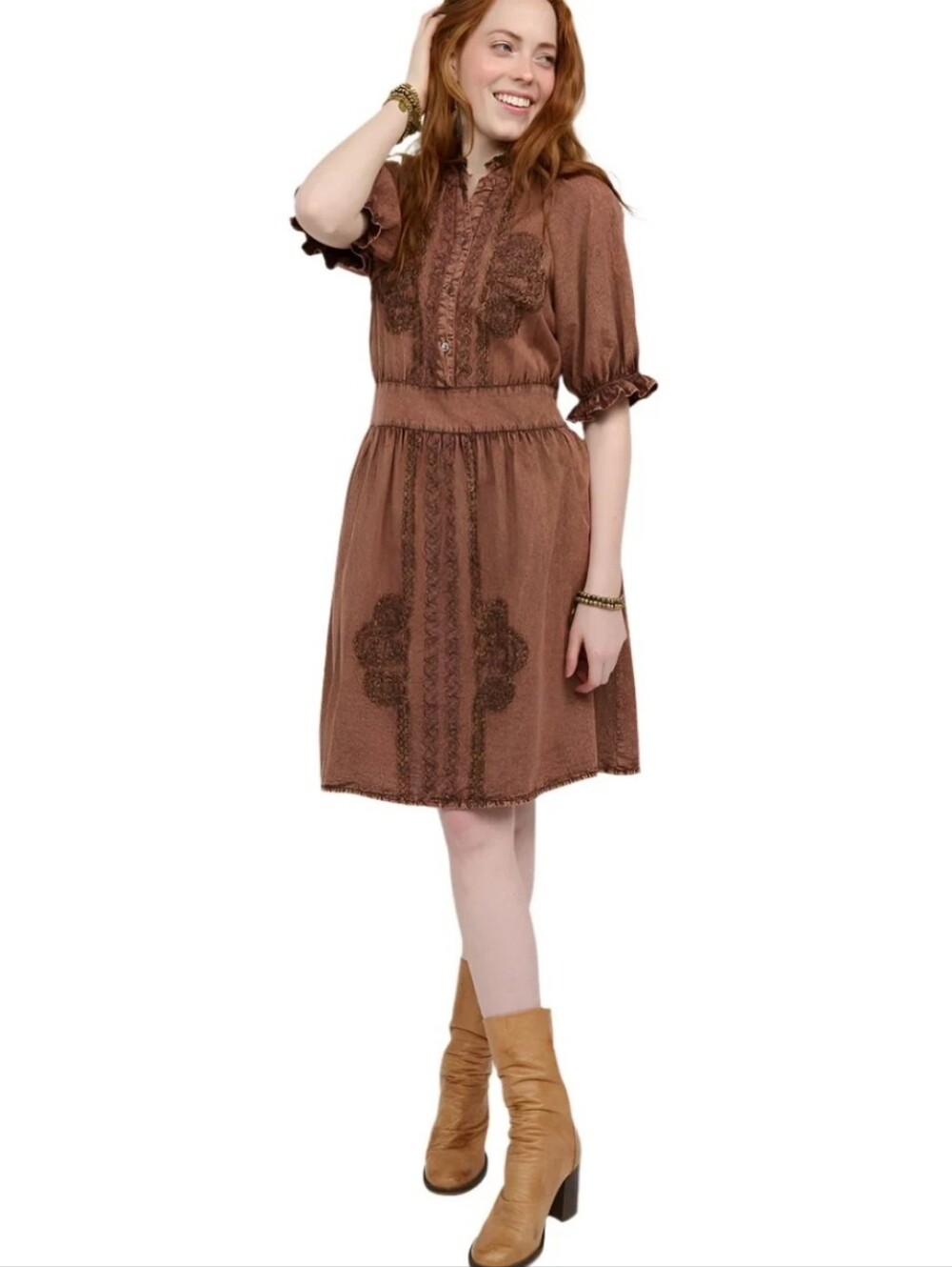 NWT Sister Mary Ramona Dress in Copper Large Embroidered Front Puff Sleeves